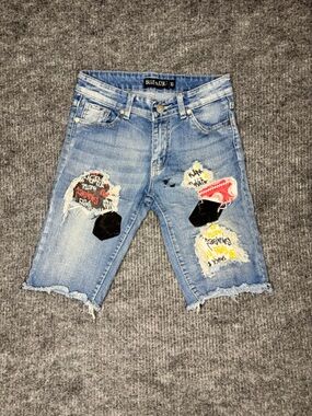 Blue Cult Kids Light Wash Distressed Patch Denim Shorts - Blue